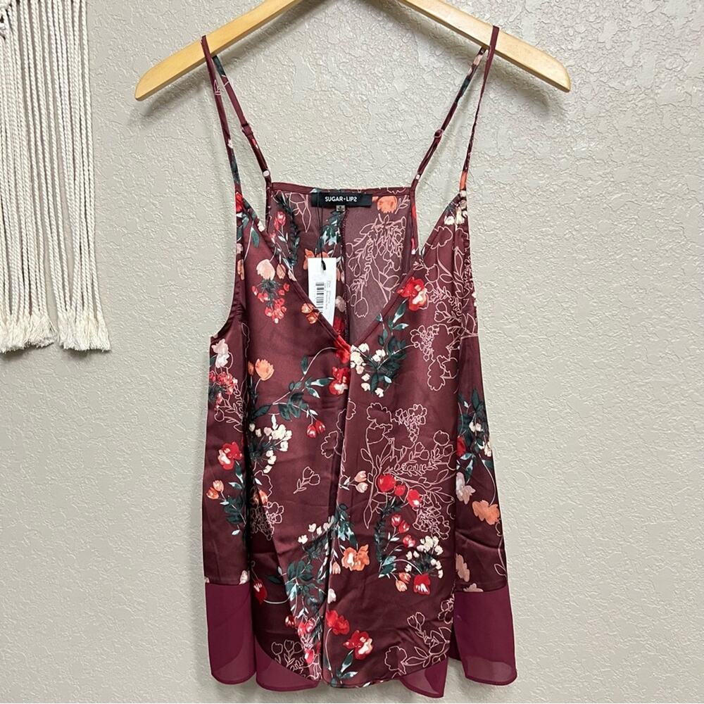 NWT Sugar + Lips women sz S sleeveless spaghetti straps & floral print burgundy